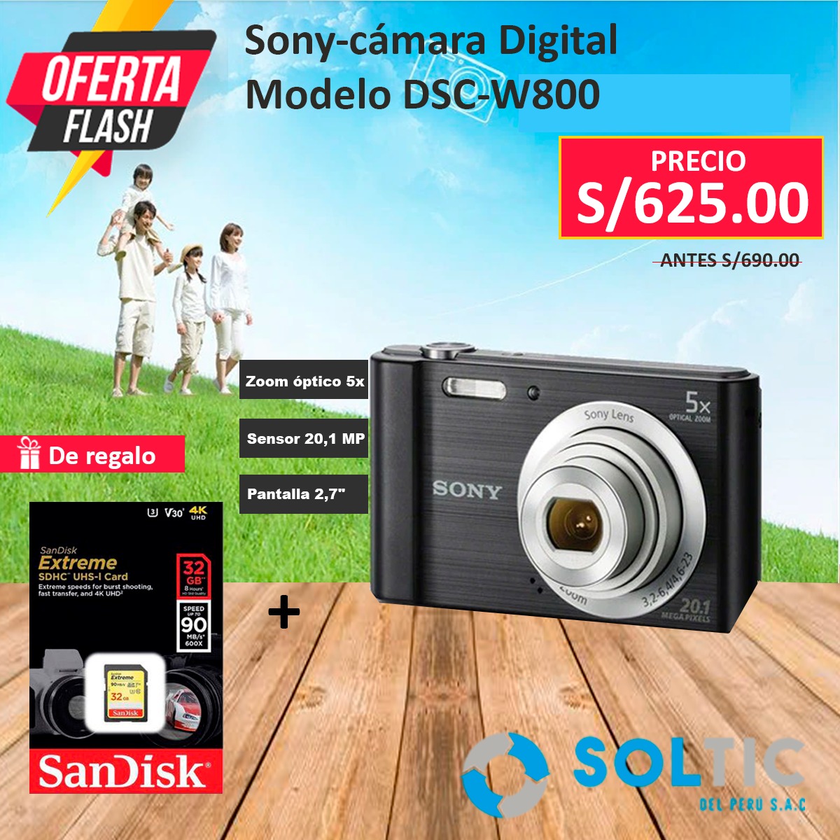 CAMARA DIGITAL SONY CYBERSHOT DSC-W800 20MPX SD 32GB Extreme | Soltic del S.A.C